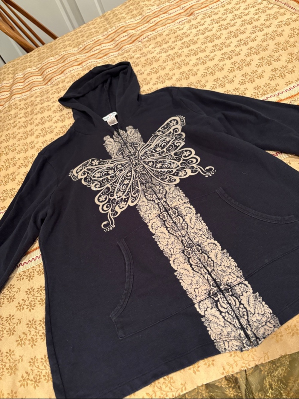 Vintage Suzie Hoodie, Black, Cotton, Front Zip, Gold Butterfly, Rhinestones, XL